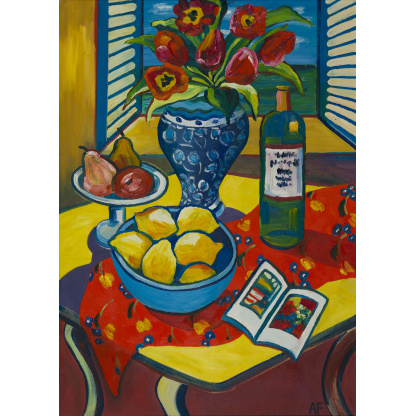 Red Tulips on Yellow Table