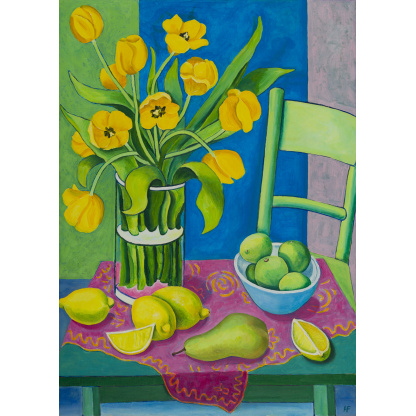 Yellow Tulips and Green Chair