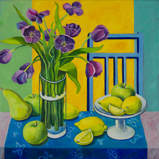 Purple Tulips and Blue Chair